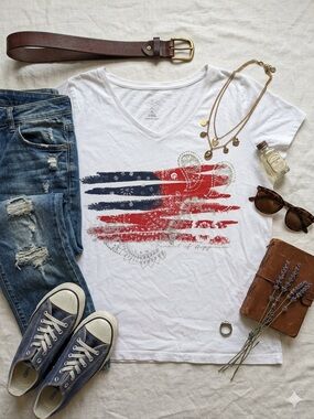 White V-Neck Graphic Tee with Red & Navy Flag Stripes